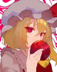 Rule 34 | 1girl, apple, ascot, blonde hair, flandre scarlet, food, frills, from below, fruit, hat, highres, holding, holding food, holding fruit, medium hair, mob cap, red eyes, red ribbon, ribbon, side ponytail, solo, toramata4, touhou, upper body, yellow ascot