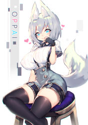 Rule 34 | 1girl, animal ear fluff, animal ears, black gloves, black thighhighs, blue eyes, blue shorts, blush, breasts, closed mouth, commentary request, fingerless gloves, gloves, hair between eyes, hand to own mouth, heart, large breasts, mamuru, no shoes, original, romaji text, shirt, short hair, short sleeves, shorts, silver hair, sitting, smile, solo, stool, suspender shorts, suspenders, tail, thick eyebrows, thighhighs, white background, white shirt, wolf ears, wolf girl, wolf tail