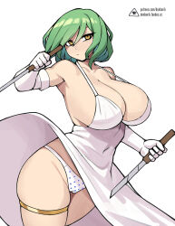 Rule 34 | 1girl, artist logo, bare shoulders, breasts, cameltoe, closed mouth, collarbone, commentary, covered navel, cowboy shot, donburi (donburikazoku), dress, elbow gloves, foreshortening, gloves, green hair, hair between eyes, highres, hikage (senran kagura), holding, holding weapon, huge breasts, leaning to the side, looking at viewer, medium hair, panties, patreon username, polka dot, polka dot panties, senran kagura, simple background, sleeveless, sleeveless dress, solo, strap gap, thighlet, thighs, underwear, watermark, weapon, web address, white background, white dress, white gloves, white panties, wind, wind lift, yellow eyes