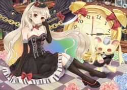 Rule 34 | 1girl, afterimage, alarm clock, axe, bare shoulders, black dress, black footwear, black gloves, black thighhighs, black wings, blonde hair, blue flower, blue rose, blunt bangs, blush, book, bookshelf, bottle, bow, bowtie, breasts, button eyes, buttons, capelet, chain, checkered floor, cleavage, clock, closed mouth, clothing cutout, collarbone, creature, detached collar, dress, dress bow, earrings, elbow gloves, eyeball, eyebrows, feathered wings, flower, glass, gloves, glowing, green flower, green rose, grey hat, hat, head tilt, headgear, heart, heart cutout, highres, holding, holding shoe, holding weapon, jewelry, knees together feet apart, knees up, liquid, long hair, looking at viewer, mayu (vocaloid), minamixdrops, mini hat, needle, over-kneehighs, petals, piano print, pink flower, pink rose, pointer, polka dot, puppet, red bow, red bowtie, ring, rose, shelf, shoes, single shoe, smile, solo, speaker, stick, stuffed animal, stuffed rabbit, stuffed toy, tareme, thighhighs, toes, usano mimi, very long hair, vocaloid, wavy hair, weapon, wings, wood, yellow eyes, zettai ryouiki, zipper