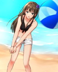 Rule 34 | 1girl, :d, ball, beach, beach volleyball, beachball, bikini, black bikini, blush, bracelet, breasts, brown hair, cleavage, collarbone, day, flower, green eyes, hair flower, hair ornament, idolmaster, idolmaster cinderella girls, jewelry, justice/ryo, long hair, looking at viewer, medium breasts, open clothes, open mouth, open shorts, outdoors, purple flower, shibuya rin, short shorts, shorts, smile, solo, standing, swimsuit, white shorts
