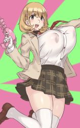 Rule 34 | 10s, 1girl, breasts, brown eyes, brown hair, covered erect nipples, energy gun, gloves, hair ornament, hairclip, huge breasts, jumping, looking at viewer, matching hair/eyes, mizuumi (bb), narusawa ryouka, necktie, no bra, occultic;nine, open mouth, puffy nipples, ray gun, shirt tucked in, short hair, skirt, smile, solo, thighhighs, weapon, white thighhighs