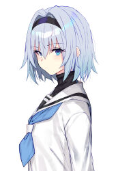 Rule 34 | 1girl, absurdres, arms at sides, black hairband, black shirt, blue eyes, blue hair, blue neckerchief, closed mouth, dot mouth, from side, hair between eyes, hair intakes, hairband, highres, looking at viewer, neckerchief, ryuuou no oshigoto!, sailor collar, school uniform, shirt, short hair, sidelocks, simple background, solo, sora ginko, tsukudani (ore624), turtleneck, turtleneck shirt, white background, white sailor collar, white shirt