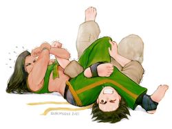 Rule 34 | 2girls, absurdres, alt text, arm grab, armbar, asymmetrical hair, barefoot, battle, black hair, breasts, brown eyes, cleavage, clenched hand, clenched hands, commentary, dark-skinned female, dark skin, dougi, english commentary, fingernails, front-tie top, full body, green pants, highres, karate gi, laura matsuda, long hair, lying, makoto (street fighter), martial arts, multiple girls, muscular, muscular female, on back, on ground, pain, pants, quasimodox, revision, short hair, simple background, soles, stirrup legwear, street fighter, street fighter iii (series), street fighter v, struggling, submission hold, toeless legwear, toes, wrestling