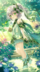 Rule 34 | 1girl, absurdres, bloomers, bracelet, bshi edayo, cape, closed mouth, cross-shaped pupils, crystalfly (genshin impact), detached sleeves, dress, flower, genshin impact, gold trim, gradient hair, green cape, green eyes, green hair, green sleeves, hair ornament, hand up, highres, jewelry, leaf hair ornament, long hair, looking at viewer, looking to the side, multicolored hair, nahida (genshin impact), outdoors, pointy ears, side ponytail, sidelocks, sleeveless, sleeveless dress, smile, solo, standing, standing on one leg, stirrup footwear, symbol-shaped pupils, toeless footwear, tree, underwear, wading, water, white bloomers, white dress, white footwear, white hair
