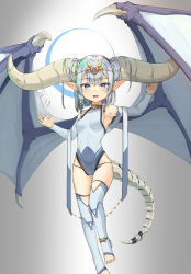 Rule 34 | 1girl, armpits, arms up, blue eyes, blue leotard, blue sleeves, blue thighhighs, braid, breasts, circlet, detached sleeves, dragon girl, dragon horns, dragon tail, dragon wings, full body, gluteal fold, grey background, highres, horns, leotard, open mouth, original, pointy ears, short hair, simple background, small breasts, smile, solo, tail, thigh gap, thighhighs, thighs, toeless legwear, twin braids, white hair, wings, xiao xiao tian