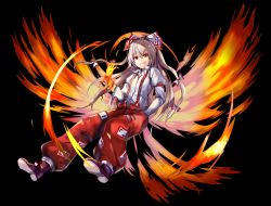 Rule 34 | 1girl, absurdres, amamitsu kousuke, bad id, bad twitter id, baggy pants, black background, boots, bow, brown footwear, commentary request, fiery wings, fujiwara no mokou, full body, grin, hair between eyes, hair bow, hand in pocket, hand up, highres, juliet sleeves, long hair, long sleeves, looking at viewer, ofuda, pants, puffy sleeves, red eyes, red pants, shirt, silver hair, simple background, smile, solo, suspenders, touhou, very long hair, white bow, white shirt, wing collar, wings