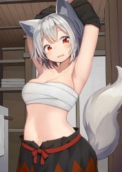 Rule 34 | 1girl, absurdres, animal ears, armpits, arms up, black skirt, blush, breasts, chest sarashi, commentary request, cowboy shot, eyebrows hidden by hair, highres, indoors, inubashiri momiji, looking at viewer, mamemochi, medium breasts, navel, orange eyes, parted lips, red skirt, sarashi, short hair, silver hair, skirt, solo, standing, surprised, tail, touhou, two-tone skirt, undressing, wolf ears, wolf tail, wooden ceiling