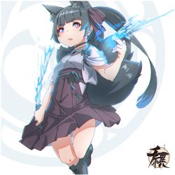 Rule 34 | 1girl, animal ear fluff, animal ears, black footwear, black hair, black ribbon, boots, choker, chromatic aberration, fox ears, fox girl, fox tail, hair ribbon, hand up, highres, holding, holding sword, holding weapon, katana, knee boots, kuro kosyou, long hair, looking at viewer, magic, open mouth, original, pleated skirt, purple eyes, ribbon, shirt, sidelocks, signature, skirt, solo, sword, tail, thick eyebrows, two-tone background, weapon, white background