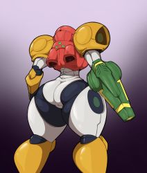 Rule 34 | 1girl, absurdres, arm cannon, armor, ass, from behind, from below, gradient background, helmet, highres, jetpack, metroid, metroid dread, mossyartburger, nintendo, pauldrons, power armor, purple background, samus aran, shoulder armor, solo, thick thighs, thighs, varia suit, weapon