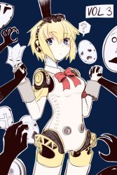 Rule 34 | 1girl, :o, ?, aegis (persona), android, blonde hair, blue background, blue eyes, blush, boa (brianoa), breasts, cowboy shot, disembodied hand, groping motion, hairband, hand on another&#039;s head, highres, interlocked fingers, mask, medium breasts, monochrome background, open mouth, persona, persona 3, headpat, radiation symbol, red ribbon, ribbon, short hair, simple background, speech bubble, spoken question mark, standing