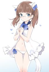Rule 34 | 1girl, animal ears, aohashi ame, bare shoulders, blue eyes, blush, brave witches, breasts, brown hair, cat ears, cat tail, closed mouth, georgette lemare, glasses, highres, lingerie, looking at viewer, navel, negligee, panties, simple background, small breasts, smile, solo, standing, tail, twintails, underwear, white background, white panties, world witches series