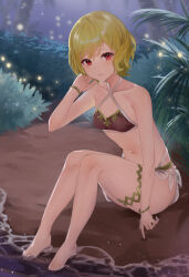Rule 34 | 1girl, bare arms, bare legs, bare shoulders, barefoot, bikini, blonde hair, breasts, brown bikini, citrinne (fire emblem), collarbone, commentary request, fire emblem, fire emblem engage, haru (nakajou-28), highres, navel, nintendo, red eyes, short hair, sitting, small breasts, solo, stomach, swimsuit, thighs