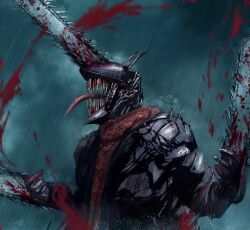 Rule 34 | absurdres, artist name, blood, blood on teeth, blood splatter, bloody weapon, blue sky, chainsaw, chainsaw devil, chainsaw man, crain1art, facing up, fog, highres, horns, intestines, open mouth, rain, scarf, sharp teeth, sky, solo, teeth, tongue, tongue out, weapon