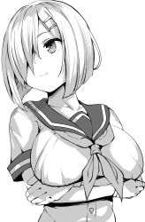 Rule 34 | 1girl, banned artist, belko, breasts, closed mouth, greyscale, hair ornament, hair over one eye, hairclip, hamakaze (kancolle), highres, kantai collection, large breasts, looking to the side, monochrome, neckerchief, sailor collar, school uniform, serafuku, short hair, simple background, upper body, white background