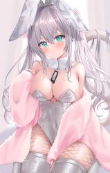 Rule 34 | 1girl, absurdres, animal ears, aqua eyes, bare shoulders, between legs, blush, breasts, cat tail, cleavage, closed mouth, covered navel, crying, crying with eyes open, fake animal ears, fishnet pantyhose, fishnets, fur collar, grey hair, hair between eyes, hand between legs, highres, large breasts, leotard, long hair, looking at viewer, off shoulder, original, pantyhose, pink nails, playboy bunny, rabbit ears, ribbon, sidelocks, sitting, solo, strapless, strapless leotard, tail, tail ornament, tail ribbon, tears, thighhighs, uni ikura, wariza, white leotard, white thighhighs