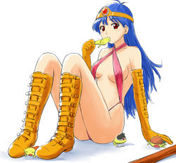 Rule 34 | 1girl, blue hair, blush, boots, breasts, circlet, commentary request, covered erect nipples, dragon quest, dragon quest iii, elbow gloves, female focus, full body, gloves, highres, long hair, manzi, medium breasts, red eyes, revealing clothes, revealing swimsuit (dq), sage (dq3), sitting, solo, staff, swimsuit, weapon