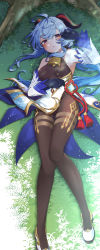 Rule 34 | 1girl, absurdres, ahoge, bare shoulders, bell, black gloves, black leotard, blue hair, blush, bodystocking, bodysuit, breasts, brown pantyhose, chinese knot, detached sleeves, flower knot, full body, ganyu (genshin impact), genshin impact, gloves, gluteal fold, gold trim, grass, groin, high heels, highres, horns, leglus, leotard, leotard under clothes, long hair, long legs, looking at viewer, lying, medium breasts, neck bell, on back, outdoors, pantyhose, purple eyes, rubbing eyes, sidelocks, solo, tassel, thigh gap, thighlet, thighs, tree, tree shade, vision (genshin impact), waist cape, waking up, white sleeves