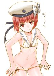 Rule 34 | 1girl, bikini, bikini pull, bow, breasts, clothes pull, groin, hat, hat bow, highres, kantai collection, kutouten, navel, red eyes, red hair, sailor hat, small breasts, solo, striped, striped bow, swimsuit, translated, upper body, white bikini, z3 max schultz (kancolle)