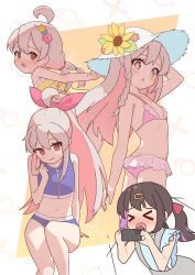 Rule 34 | &gt; &lt;, 2girls, :o, @ @, absurdres, ahoge, arm up, ass, bare arms, bare legs, bare shoulders, bikini, black hair, blue bikini, blush, braid, brown eyes, casual one-piece swimsuit, cellphone, child, colored inner hair, commentary request, dodo24850918, flat ass, flat chest, flower, frilled bikini, frilled one-piece swimsuit, frills, genderswap, genderswap (mtf), grey hair, hair flower, hair ornament, hat, hat flower, heart, heart in mouth, highres, holding, holding phone, jewelry, looking at viewer, looking back, low twintails, midriff, multicolored hair, multiple girls, multiple views, navel, nose blush, one-piece swimsuit, onii-chan wa oshimai!, open mouth, oyama mahiro, pendant, phone, pink bikini, pink hair, ponytail, purple hair, siblings, side braid, simple background, single braid, sisters, smartphone, solo, sun hat, swimsuit, twintails, two-tone hair, yellow one-piece swimsuit, yuri