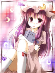 Rule 34 | 1girl, blush, book, hugging book, crescent, female focus, hat, holding, holding book, long hair, mashayuki, hugging object, open mouth, patchouli knowledge, purple eyes, purple hair, solo, touhou