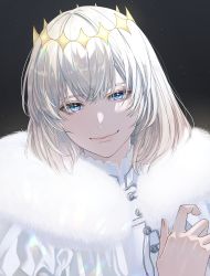 Rule 34 | 1boy, absurdres, black background, blue eyes, cape, cloak, commentary request, crown, diamond hairband, fate/grand order, fate (series), fur-trimmed cloak, fur collar, fur trim, grey hair, hana arare, hand up, highres, light particles, light smile, long sleeves, male focus, medium hair, no wings, oberon (fate), official alternate costume, simple background, smile, solo, upper body, white cape, white fur, white hair