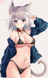 Rule 34 | 1girl, :&lt;, akino ell, animal ear fluff, animal ears, antenna hair, arm up, armpit crease, bare shoulders, bikini, black bikini, blue eyes, blue jacket, breasts, cat ears, cat girl, cat tail, cleavage, closed mouth, collar, collarbone, cowboy shot, groin, hair ornament, hairclip, halterneck, highleg, highleg bikini, highres, jacket, large breasts, looking at viewer, mole, mole on breast, nail polish, navel, off shoulder, open clothes, open jacket, original, short hair, silver hair, simple background, solo, stomach, strap gap, string bikini, swimsuit, tail, thighs, v, white background