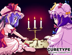 Rule 34 | 2girls, candle, candlelight, candlestand, dress, female focus, from side, hat, mob cap, multiple girls, patchouli knowledge, profile, puffy short sleeves, puffy sleeves, purple dress, purple eyes, purple hair, red eyes, remilia scarlet, short sleeves, touhou, wax, white dress, yuuki keisuke