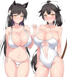 Rule 34 | 2girls, aki (akiiiiiiiii1875), animal ears, atago (azur lane), atago (summer march) (azur lane), atago (summer march) (azur lane), azur lane, bikini, black hair, blush, bow, breasts, casual one-piece swimsuit, choker, cleavage, clothing cutout, commentary request, cowboy shot, criss-cross halter, extra ears, flower, hair bow, hair flaps, hair flower, hair ornament, halterneck, heart, highres, large breasts, mole, mole under eye, multiple girls, navel cutout, one-piece swimsuit, ponytail, ribbon, smile, swept bangs, swimsuit, sword, takao (azur lane), takao (beach rhapsody) (azur lane), weapon, white background, white bikini, white bow, white choker, white one-piece swimsuit, white ribbon, wooden sword, yellow eyes