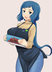 Rule 34 | 10s, 1girl, :d, apron, aqua eyes, badge, blue eyes, blue hair, box, breasts, button badge, denim, gundam, gundam build fighters, hai ookami, haro button badge, highres, holding, iori rinko, jeans, large breasts, long hair, looking at viewer, matching hair/eyes, mature female, open mouth, pants, pink background, ponytail, ribbed sweater, simple background, smile, solo, sweater, very long hair