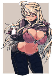 Rule 34 | 1girl, :&gt;, ahoge, alma armas, black-framed eyewear, black pants, blonde hair, blush, bottle, bow, bow bra, bra, breast milk, breasts, brown eyes, check commentary, cleavage, clothes lift, commentary request, cropped legs, dark-skinned female, dark skin, denim, glasses, highres, holding, holding bottle, huge breasts, jeans, leaning forward, lifting own clothes, long hair, mechanical hands, mikiji, milk bottle, navel, panties, pants, pantyshot, pinky out, prosthesis, prosthetic hand, purple sweater, ribbed sweater, semi-rimless eyewear, solo, stomach, sweater, sweater lift, turtleneck, turtleneck sweater, under-rim eyewear, underwear, va-11 hall-a