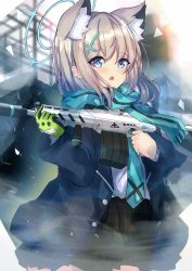 Rule 34 | 1girl, animal ears, assault rifle, blue archive, blue eyes, blurry, blurry background, brown skirt, cat ears, cat girl, gloves, gun, hair ornament, halo, hands up, holding, holding gun, holding weapon, jacket, karappo (poket12), long sleeves, medium hair, parted lips, pink hair, plaid, plaid skirt, purple jacket, rifle, scarf, shiroko (blue archive), shirt, sidelocks, sig sauer 556, skirt, solo, standing, suppressor, weapon, white shirt, x hair ornament, yellow gloves