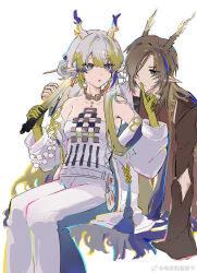 Rule 34 | 1boy, 1girl, :o, arknights, bare shoulders, beads, blonde hair, blue eyes, brown eyes, brown hair, brown robe, chinese clothes, chinese commentary, closed mouth, commentary request, dianhua ji xianggu gan, earrings, finger to another&#039;s mouth, grey hair, grey horns, grey jacket, grey pants, grey tube top, hair between eyes, hair intakes, hair over one eye, highres, holding, holding sword, holding weapon, horns, invisible chair, jacket, jewelry, long hair, long sleeves, looking at another, looking back, multicolored hair, necklace, off shoulder, one eye covered, open clothes, open jacket, open mouth, pants, pointy ears, purple hair, purple horns, robe, shu (arknights), simple background, sitting, strapless, streaked hair, sword, tube top, unfinished, very long hair, watermark, weapon, weibo logo, white background, yellow horns, zhi (arknights)