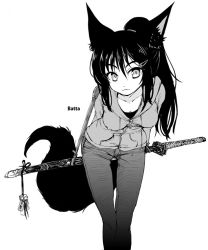 Rule 34 | 1girl, :3, animal ears, arms behind back, artist name, bad id, bad pixiv id, batta (kanzume quality), black hair, breasts, cleavage, collarbone, covered erect nipples, denim, fox ears, fox tail, greyscale, hair ornament, hairclip, jeans, leaning forward, long hair, looking at viewer, monochrome, original, pants, ponytail, sidelocks, simple background, sketch, slit pupils, solo, sword, tail, tsurime, weapon, white background