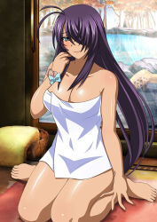 Rule 34 | 1girl, antenna hair, bare arms, bare legs, barefoot, blue bow, bow, breasts, cleavage, closed mouth, collarbone, grey eyes, hair over one eye, ikkitousen, indoors, kan&#039;u unchou, large breasts, long hair, looking at viewer, naked towel, purple hair, shiny skin, sitting, smile, solo, towel, very long hair, wariza