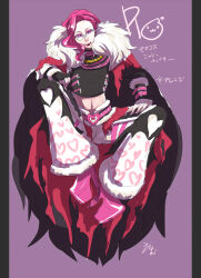 Rule 34 | 1boy, alternate color, androgynous, bishounen, black cape, black pants, black shirt, cape, closed mouth, commentary request, copyright name, crop top, eyelashes, flowery peko, full body, fur collar, heart, heart print, lips, looking at viewer, male focus, medium hair, midriff, monocle, navel, official alternate costume, pants, pillarboxed, pink eyes, pink footwear, pink hair, platform footwear, platform heels, poring, print pants, purple background, ragnarok online, rimless eyewear, round eyewear, shadow chaser (ragnarok online), shirt, simple background, sitting, smile, solo, translation request, waist cape