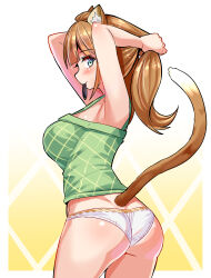 Rule 34 | 1girl, animal ears, aqua eyes, armpits, arms up, ass, brown hair, camisole, cat ears, cat girl, cat tail, closed mouth, commentary, cougar (cougar1404), cowboy shot, crotch seam, from behind, green camisole, hair tie in mouth, hands in hair, looking at viewer, looking back, medium hair, megu (cougar1404), mouth hold, original, panties, print camisole, smile, solo, standing, tail, underwear, underwear only, wedgie, white panties