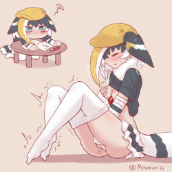 Rule 34 | 1girl, bird girl, bird tail, bird wings, black hair, blonde hair, blue eyes, blush, breasts, clothed masturbation, crotch rub, female masturbation, fingering, frustrated, grabbing own breast, great hornbill (kemono friends), hat, head wings, kemono friends, kemono friends 3, masturbation, medium breasts, metamimi, multicolored hair, nipples, open mouth, pantyhose, pencil, pussy juice, shirt, short sleeves, solo, spread legs, table, tail, white hair, wings, yellow headwear