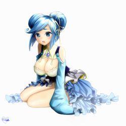 Rule 34 | 1girl, :d, azat0 hekitsuki, bare shoulders, blue dress, blue eyes, blue hair, blush, breasts, cleavage, creatures (company), dated, detached collar, double bun, dress, female focus, full body, game freak, gen 1 pokemon, hair ribbon, highres, lapras, large breasts, long sleeves, looking at viewer, nintendo, open mouth, personification, pokemon, ribbon, short hair, sitting, smile, solo, white background