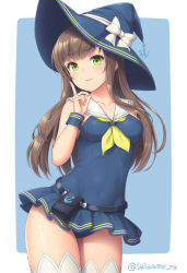 Rule 34 | 1girl, anchor hat ornament, bow, breasts, brown hair, female focus, green eyes, hat, hat bow, hat ornament, index finger raised, long hair, medium breasts, neckerchief, one-piece swimsuit, original, ribbon, sailor collar, sasaame, signature, skirt, smile, solo, standing, swimsuit, thighhighs, twitter username, white sailor collar, white thighhighs, witch hat, wrist cuffs, yellow neckerchief