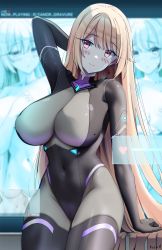 Rule 34 | 1girl, arm up, artist name, blurry, blurry background, blush, bodysuit, breasts, closed mouth, covered erect nipples, covered navel, cowboy shot, english text, feet out of frame, heart, highres, keenh, large breasts, legs together, light brown hair, long hair, looking at viewer, multiple views, original, pink eyes, skin tight, upper body