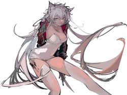 Rule 34 | 1girl, :d, alternate costume, animal ears, arknights, black jacket, breasts, cleavage, collarbone, covered navel, dagger, dress, feet out of frame, grey eyes, grey hair, highres, holding, holding weapon, jacket, knife, lappland (arknights), long hair, long sleeves, looking at viewer, material growth, medium breasts, naijiaer, open clothes, open jacket, open mouth, oripathy lesion (arknights), parted lips, short dress, simple background, skindentation, smile, solo, strapless, strapless dress, thighhighs, very long hair, weapon, white background, white thighhighs, wolf ears