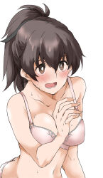 Rule 34 | black ribbon, blush, bra, breasts, bright pupils, brown eyes, brown hair, commentary, elf (stroll in the woods), frown, girls und panzer, hair ribbon, highres, koyama yuzu, lace, lace-trimmed bra, lace trim, medium breasts, medium hair, navel, open mouth, panties, pink bra, pink panties, ponytail, ribbon, simple background, sweat, textless version, underwear, underwear only, white background, white pupils