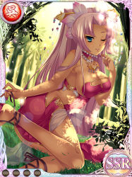 Rule 34 | 1girl, ass, bare shoulders, blue eyes, breasts, cleavage, cleavage cutout, clothing cutout, dark-skinned female, dark skin, detached collar, dress, fingernails, forest, hair ornament, jewelry, koihime musou, long hair, looking at viewer, mole, mole under mouth, nail polish, nature, necklace, one eye closed, pink hair, ponytail, sandals, smile, solo, sonsaku, very long hair, white background