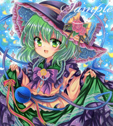 Rule 34 | 1girl, blue background, bow, bowtie, embellished costume, flower, frilled bow, frills, green eyes, green hair, green skirt, hat, hat bow, hat flower, komeiji koishi, long sleeves, looking at viewer, marker (medium), medium hair, open mouth, petals, ribbon, rose, rui (sugar3), sample watermark, shirt, skirt, skirt hold, smile, solo, touhou, traditional media, upper body, watermark, yellow shirt