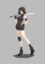 Rule 34 | 1girl, absurdres, amazedwatermelon, black eyes, black footwear, black gloves, black hair, black socks, boots, breasts, brown hat, fingerless gloves, full body, gloves, grey background, hand on own hip, hat, highres, holding, holding sword, holding weapon, looking at viewer, luo xiaohei zhanji, medium breasts, sansan (the legend of luoxiaohei), shadow, short hair, smile, socks, solo, standing, suspenders, sword, weapon