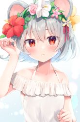 Rule 34 | 1girl, animal ears, bare shoulders, blush, closed mouth, collarbone, flower, hair flower, hair ornament, highres, looking at viewer, mouse ears, nazrin, nnyara, pink flower, red eyes, red flower, resolution mismatch, solo, source larger, touhou, upper body