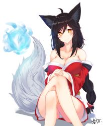 Rule 34 | 1girl, a.t. zero, ahri (league of legends), animal ears, bad id, bad twitter id, bare shoulders, black hair, braid, breasts, cleavage, facial mark, fox ears, fox tail, haru ato, highres, korean clothes, large breasts, league of legends, legs, crossed legs, long hair, multiple tails, orb, signature, sitting, slit pupils, solo, tail, whisker markings, yellow eyes