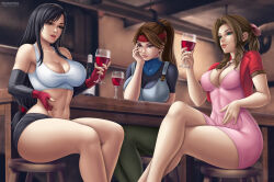 Rule 34 | 3girls, abs, absurdres, aerith gainsborough, alcohol, artist logo, black dress, black hair, blue shirt, bottle, breasts, brown eyes, brown hair, cleavage, crossed legs, cup, dress, drink, drinking glass, female focus, final fantasy, final fantasy vii, final fantasy vii remake, flowerxl, gloves, green eyes, hands on face, highres, jacket, jessie rasberry, large breasts, long hair, multiple girls, pale skin, pink dress, red jacket, shirt, sitting, square enix, thick thighs, thighs, tifa lockhart, watermark, web address, wine, wine bottle, wine glass