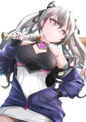 Rule 34 | 1girl, absurdres, azur lane, badge, bare shoulders, baseball bat, black dress, black gloves, black nails, black ribbon, blue jacket, breasts, button badge, cleavage, closed mouth, commentary request, covered navel, cowboy shot, crossed bangs, dress, fingerless gloves, gloves, grey hair, gure (gure5532), hair between eyes, hair horns, hair ribbon, hand in pocket, hand up, head tilt, highres, holding, holding baseball bat, jacket, long hair, long sleeves, looking at viewer, medium breasts, multicolored hair, nail polish, off shoulder, partial commentary, partially unzipped, purple eyes, purple hair, ribbon, san francisco (azur lane), sidelocks, simple background, sleeveless, sleeveless dress, solo, streaked hair, taut clothes, taut dress, twintails, two-tone dress, white background, white dress